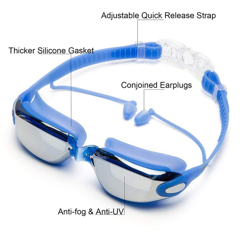 [AUSTRALIA] - AOKELILY Swim Goggles and Cap Set 4 in 1, UV 400 Protection Lenses Clear Anti-Fog Swimming Goggles Waterproof No Leaking with Nose Clip + Ear Plugs for Adult Men Women Kids Blue-3 