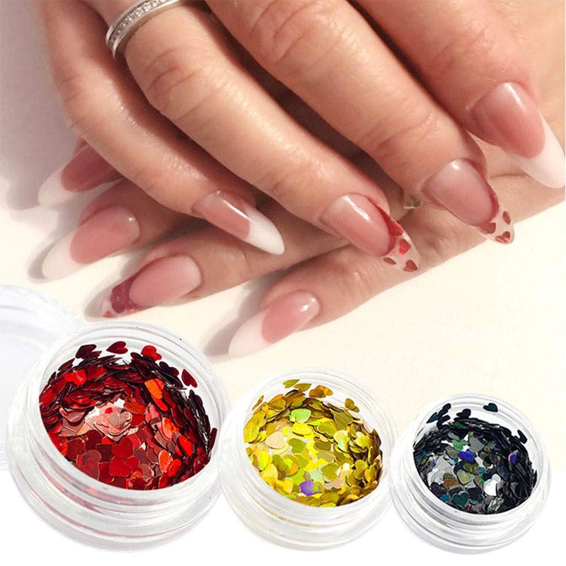 Nail Art Decals Heart Holographic Nail Art Sequins Glitter Kits Valentines Day Nail Art Supplies Kit Sweet Love Heart Nail Glitter Sequins Gold/Red/Black Shinning Manicure Tips 3 Box - BeesActive Australia