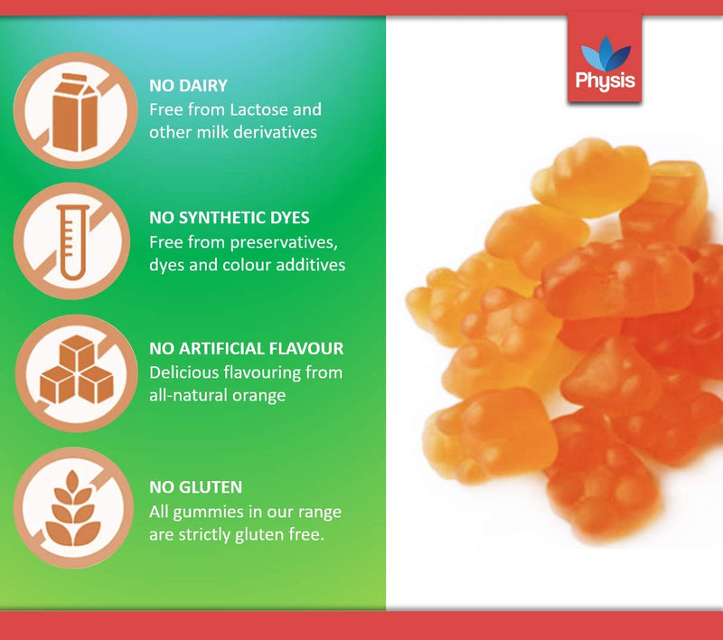 Physis Kids Multivitamin Gummies | Ages 2+ | 30 Orange Flavour Chewable Vitamin with Vitamins C, D, Omega 3 & More | Kids Vitamins Chewies for Cognition, Energy & Support Growth | Children's Vitamins Buddy Bear Yum-Gums - BeesActive Australia