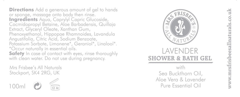 Lavender Shower & Bath Gel by Mrs Frisbee's All Naturals/Natural/Vegan/Cruelty Free (100ml) 100ml - BeesActive Australia