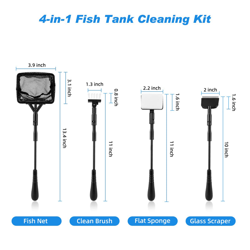 hygger Small Fish Tank Cleaner, Aquarium Cleaning Tools Kit with Telescopic Handle, Seaweed Scraper, Fishing Net, Sponge Brush,Wall Brush (S) S - BeesActive Australia
