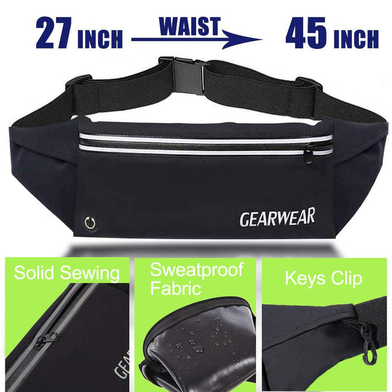 [AUSTRALIA] - GEARWEAR Running Waist Belt Fanny Pack Phone Holder for iPhone XR XS MAX 8 Plus Runner Pouch Bag Men Women for Workout Walking Fitness Exercise Gym Athletes Hiking BLACK/ 27"-45" 