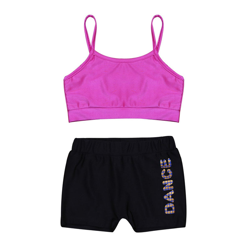 [AUSTRALIA] - inhzoy Girls' Tankini Sports Dance Costume Spaghetti Shoulder Straps Tank Top with Letters Printed Bottoms Set Rose&black 5 / 6 