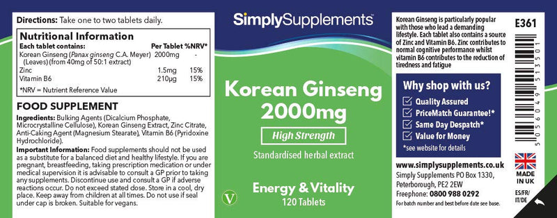 Korean/Panax Ginseng 2000mg | 120 High Strength Ginseng Tablets | Vegan & Vegetarian Friendly | Supplement Supports Cognitive Function While Reducing Tiredness and Fatigue | Manufactured in The UK 120 Count (Pack of 1) - BeesActive Australia