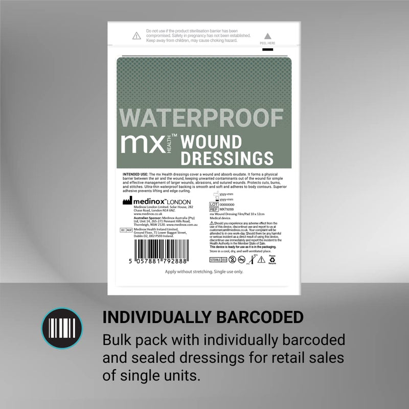 mx HEALTH Waterproof Wound Dressing Film+PAD - 5X7CM (2.5X4CM Wound PAD) - 50 Individually Wrapped DRESSINGS PER Box - BeesActive Australia