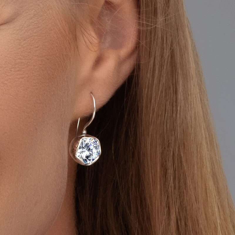 925 Sterling Silver Earrings With 2 White Round Cubic Zirconia, 10MM Bezel, Impressive Bling Effect Hypoallergenic, Nickel and Lead-free, Artisan Handcrafted Designer, French Wire Back, Made In Israel - BeesActive Australia
