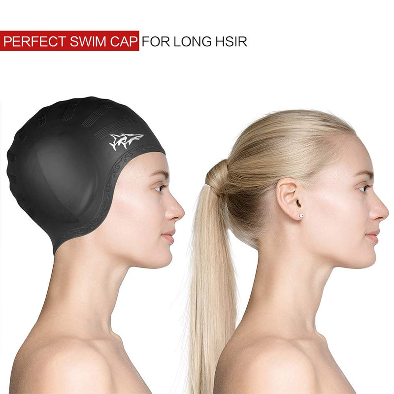 [AUSTRALIA] - Swim Cap for Long Hair 2 Pack 2019 Thicker Design Solid Silicone Waterproof Swimming Caps for Woman Adults and Men Black+Blue 