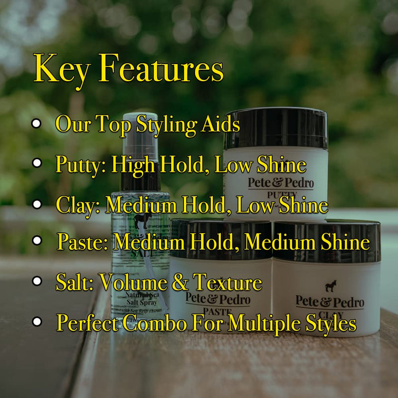 Pete & Pedro CORE FOUR HAIR KIT - Men's Hairstlying Best Of Set | Hair Clay, Paste, Putty, & Sea Salt Spray | As Seen on Shark Tank, 2 oz. Each - BeesActive Australia