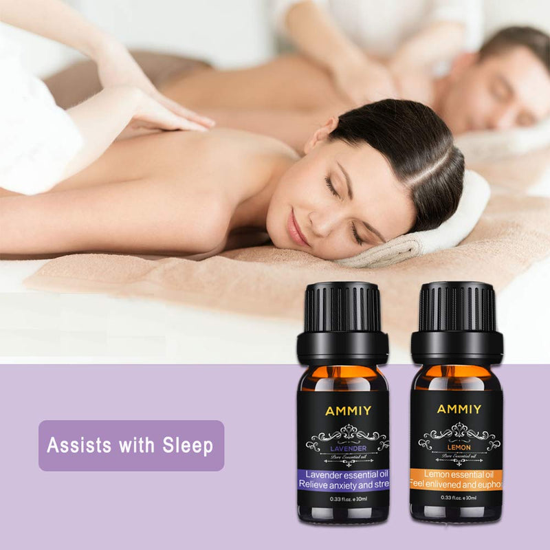AMMIY Essential Oils Set of 6 x 10ml for Aromatherapy Bath Spa Diffuser Fragrance Relaxing Scent, Pure, Natural, Vegan Oils Including Eucalyptus, Lemon, Peppermint, Lavender, Sweet Orange, Tea Tree Black - BeesActive Australia