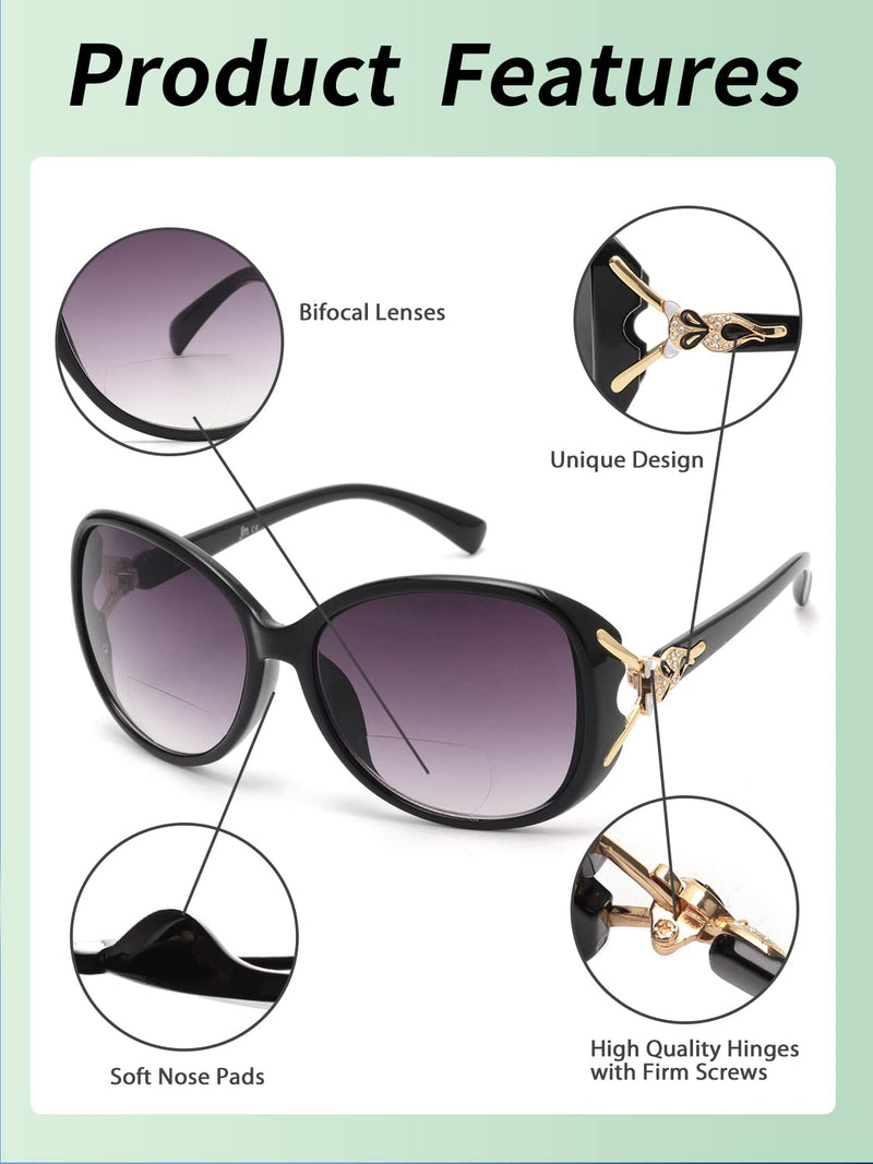 JM Classic Bifocal Reading Sunglasses Reader Glasses for Women UV Protection Outdoor Black 1.0 x - BeesActive Australia