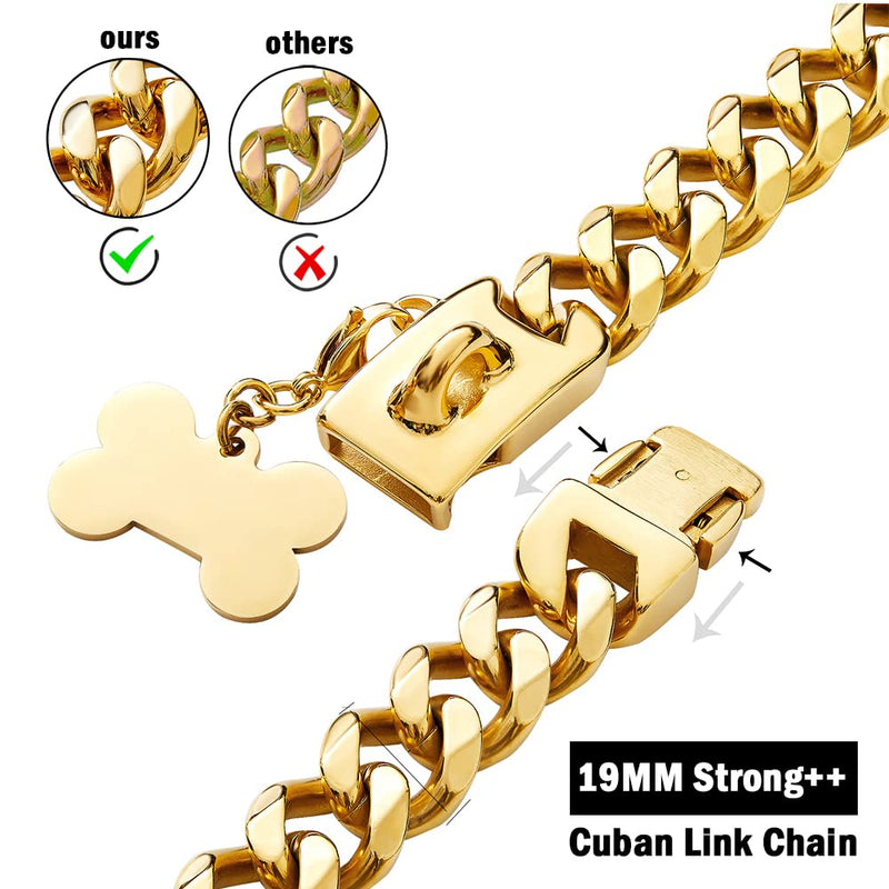 19MM Gold Chain Dog Collar with Design Secure Clasp & ID Tag,18K Cuban Link 19MM Strong Heavy Duty Chew Proof Metal Walking Collar for Medium Large Dogs 16 Inch - BeesActive Australia