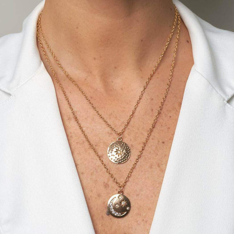 Sakytal Boho Coin Layered Necklace Gold Moon Pendant Necklaces Tiny Crystal Necklace for Women and Girls - BeesActive Australia