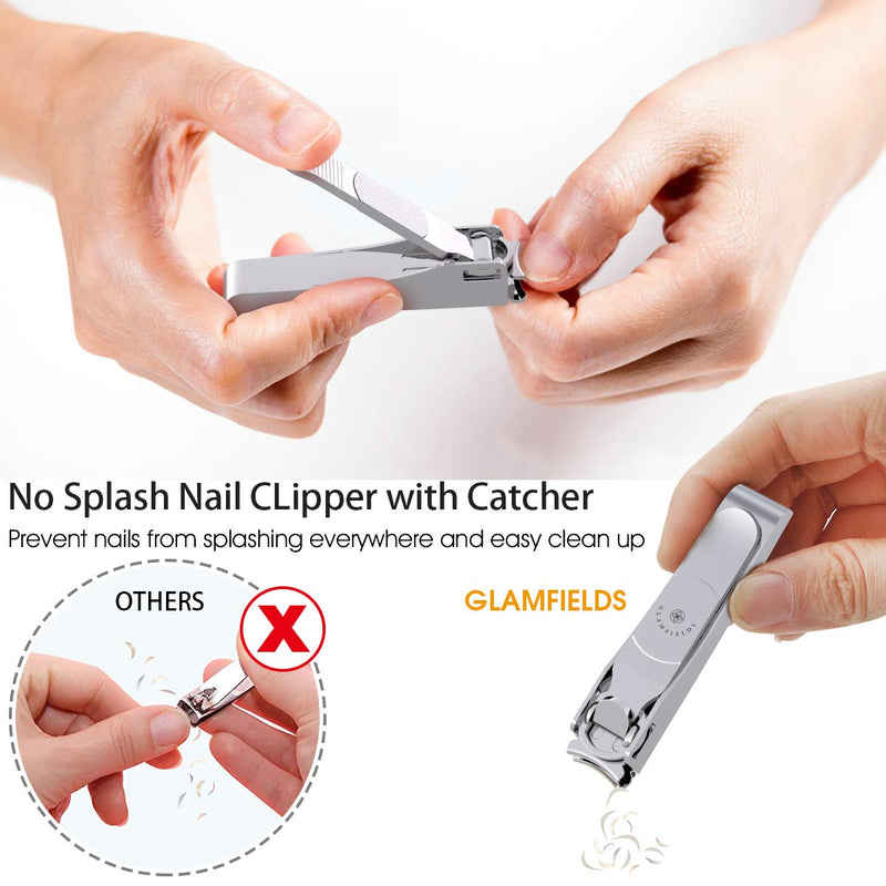 GLAMFIELDS Nail Clipper with Catcher, No Splash Fingernail Toenail Clipper Stainless Steel Nail Cutter Nail Trimmer for Men and Women, Packed with Leather Pouch, Silver - BeesActive Australia