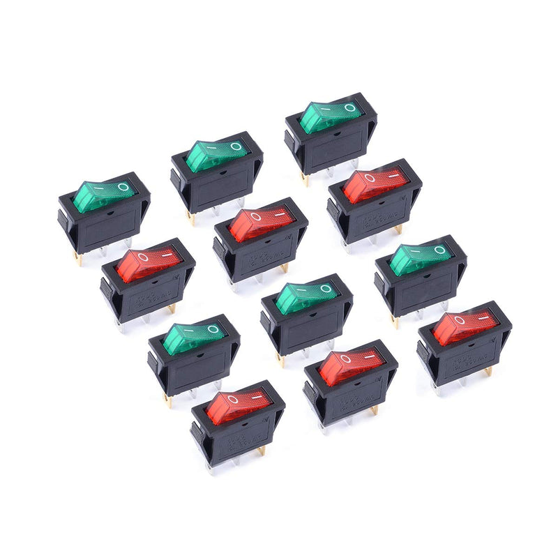 [AUSTRALIA] - Cylewet 12Pcs AC 15A/250V 20A/125V Boat Rocker Switch 3 Pins 2 Positions ON/Off with Red/Green Indicator Light (Pack of 12) CYT1109 