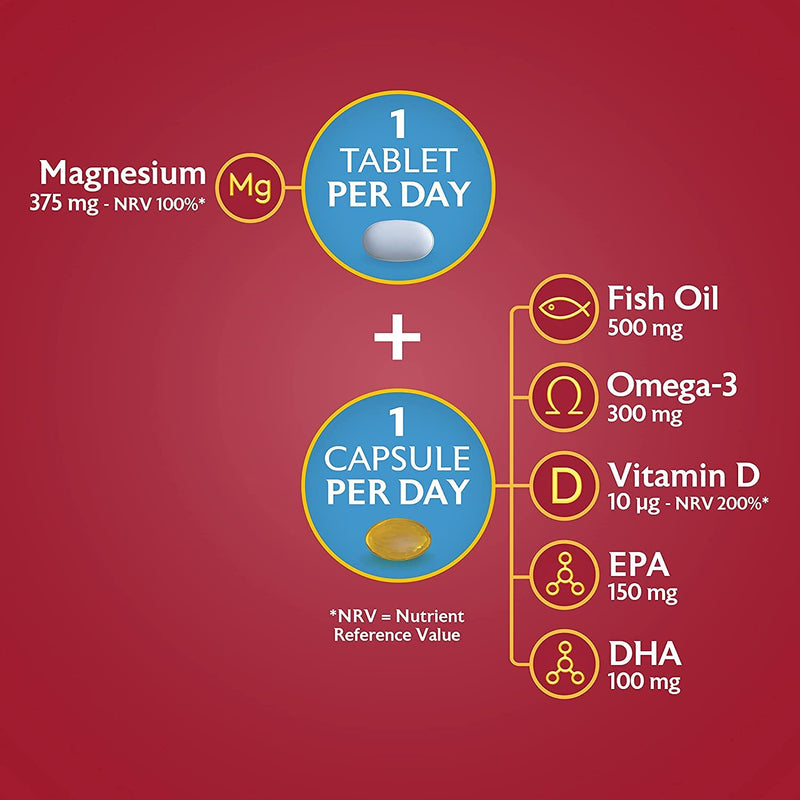 Seven Seas Omega-3 Fish Oil & Magnesium, 500 mg Fish Oil + 300 mg Omega-3, 60 High Strength Tablets With Vitamin D & 375 mg Magnesium, EPA & DHA, Whole Body Health+, Duo Pack: 30 Capsules + 30 Tablets - BeesActive Australia