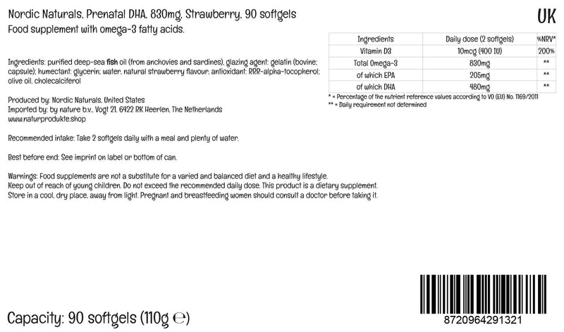 Nordic Naturals, Prenatal DHA, 830mg Omega-3 with EPA and DHA, High Dosage, Strawberry Flavour, 90 Softgels, Lab-Tested, Soy Free, Gluten Free, Non GMO - BeesActive Australia