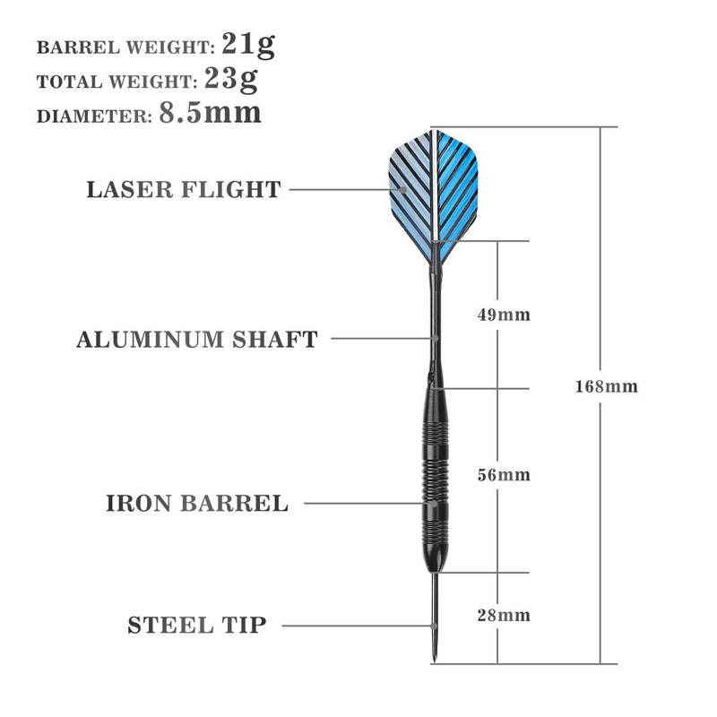 [AUSTRALIA] - LARRITS Professional 6 Pack 23 Grams Steel Tip Darts Set with Black Aluminum Shafts 9pc Standard Flights 9pc Laser Flights 12pc Rubber O-Rings Dart Sharpener and Storage Case 