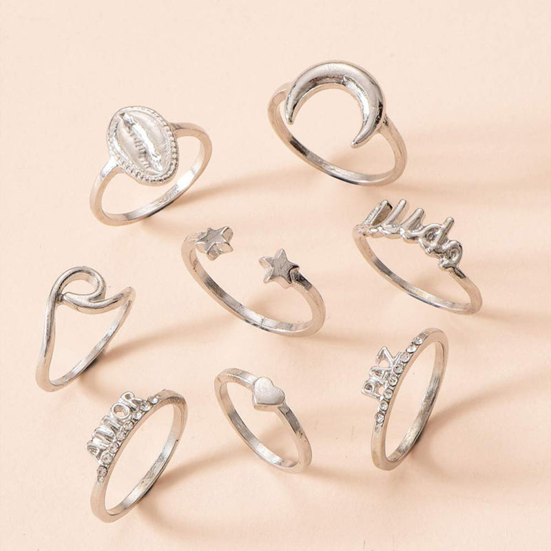 Xerling 8 Pcs Personalized Silver Moon Star Knuckle Ring Set for Women Girls Stacking Wave Heart Open Ring Set Scallop Seashell Ring Letter Ring Set - BeesActive Australia