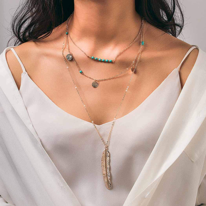 Adflyco Boho Layered Turquoise Necklace Gold Sequins Feather Pendant Necklaces Chain Jewelry Adjustable for Women and Girls - BeesActive Australia