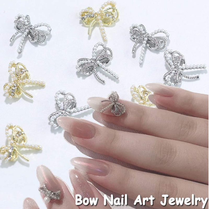 Gold Alloy Charms Metal Zircon 3D Bowknot DIY Nail Art Decorations Manicure Nail Rhinestones Bow Nail Jewelry(silver) silver - BeesActive Australia