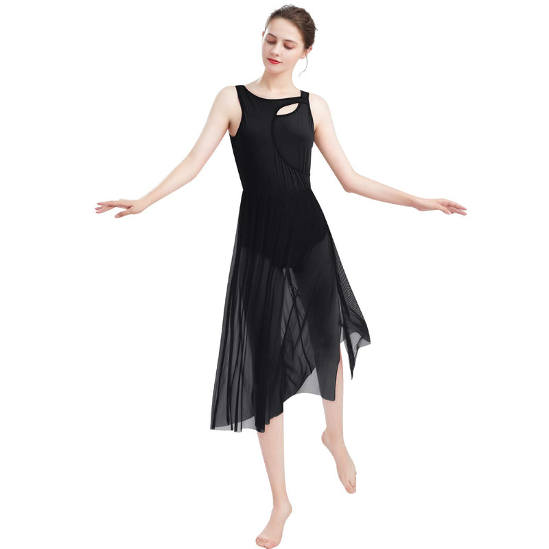 ODASDO Women Lyrical Dance Dress Modern Contemporary Dancewear Cut Out Front Mesh Tulle Skirt Backless Tank Leotard Small Black - BeesActive Australia