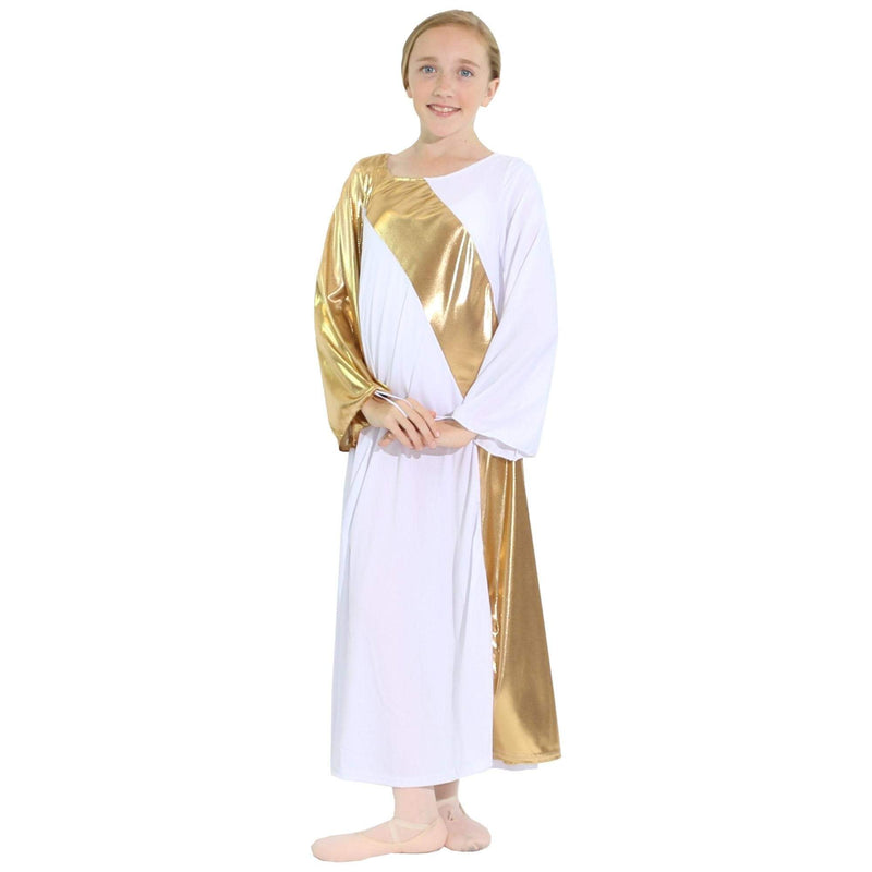 [AUSTRALIA] - Danzcue Girls Asymmetrical Bell Sleeve Dance Dress 12-14 White-gold 