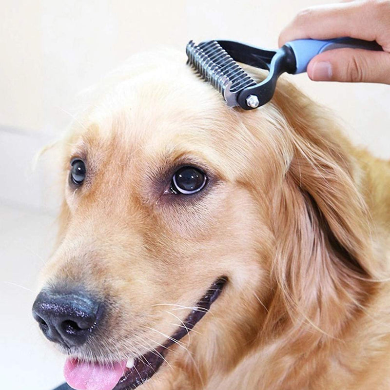 Novicey Dematting Tool for Dogs &Cats, Pet Grooming Undercoat Rake with Two-Side,Professional Stainless Steel Demat Comb Removes Loose Undercoat, Mats, Tangles and Knots Small Blue - BeesActive Australia