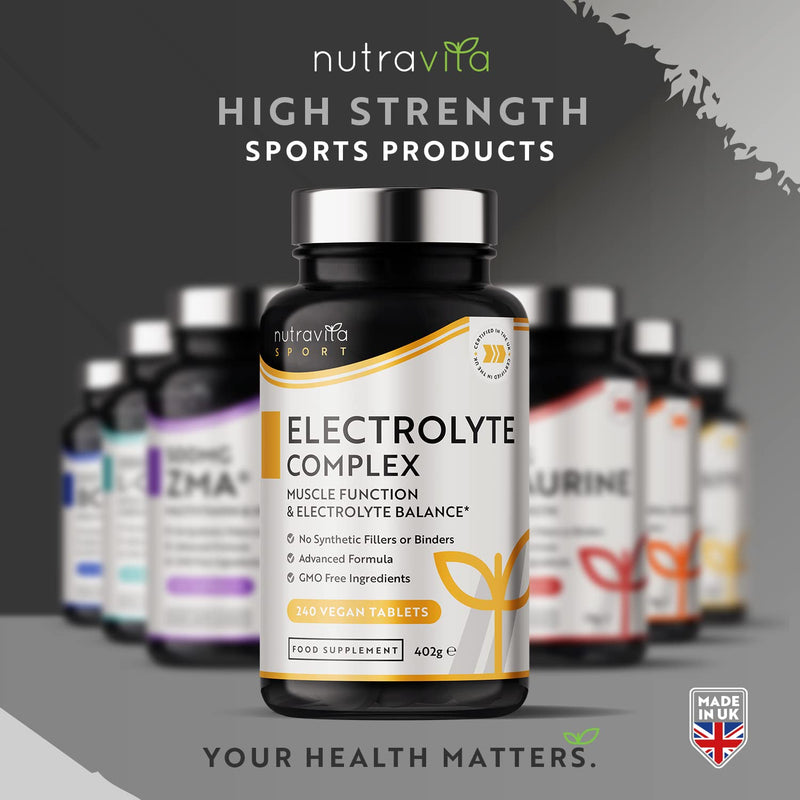 Electrolyte Complex - High Strength Tablets with Added Magnesium, Potassium & Calcium - Muscle Function and Electrolyte Balance - 240 Vegan Tablets - No Synthetic Binders - Made in The UK by Nutravita - BeesActive Australia