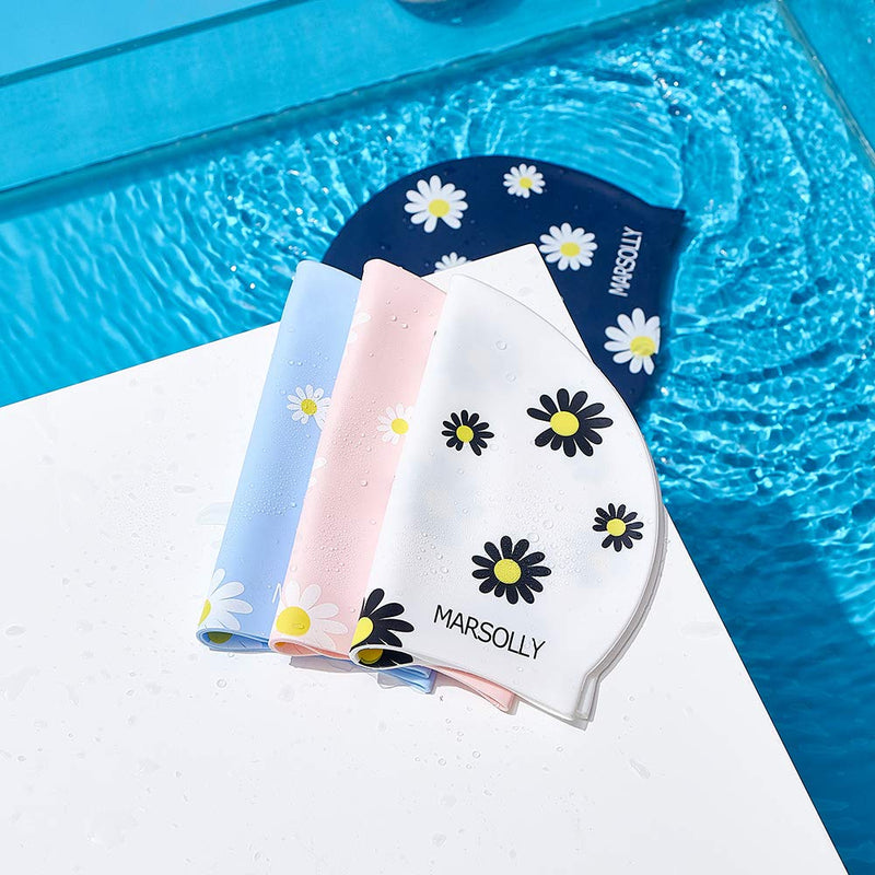 Marsolly Silicone Swim Cap for Women, Waterproof Long Hair Swimming Caps with Flower Printed Navy - BeesActive Australia