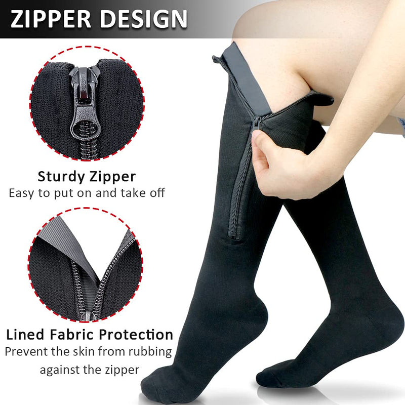 Ailaka 15-20 mmHg Zipper Compression Socks for Women Men, Closed Toe Support Graduated Medical Varicose Veins Hosiery, Perfect for Athletics, Running, Flight Travel, Support, Edema, Pregnancy 2X-Large (1 Pair) Black - BeesActive Australia