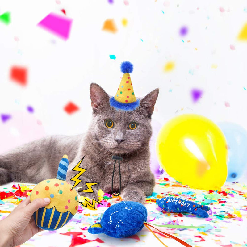 BINGPET Catnip Toys for Indoor Cats, Cat Birthday Hat and Interactive Plush Kitten Chew Toys - Cute Cake, Fish, Balloon Toys with Crinkle Paper and Catnip Inside Birthday Hat+Catnip Toys - BeesActive Australia