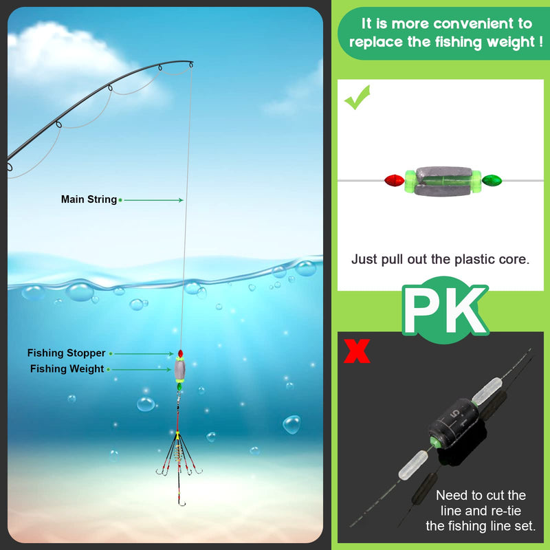 Keadic 309Pcs Removable Color Fishing Line Sinker Slides Rubber Core Fishing Weights, Hook Shank Clip Connector Swivels and Green Glow Fishing Beads Small Fishing Kit Perfect for Sea Fishing or Lake - BeesActive Australia