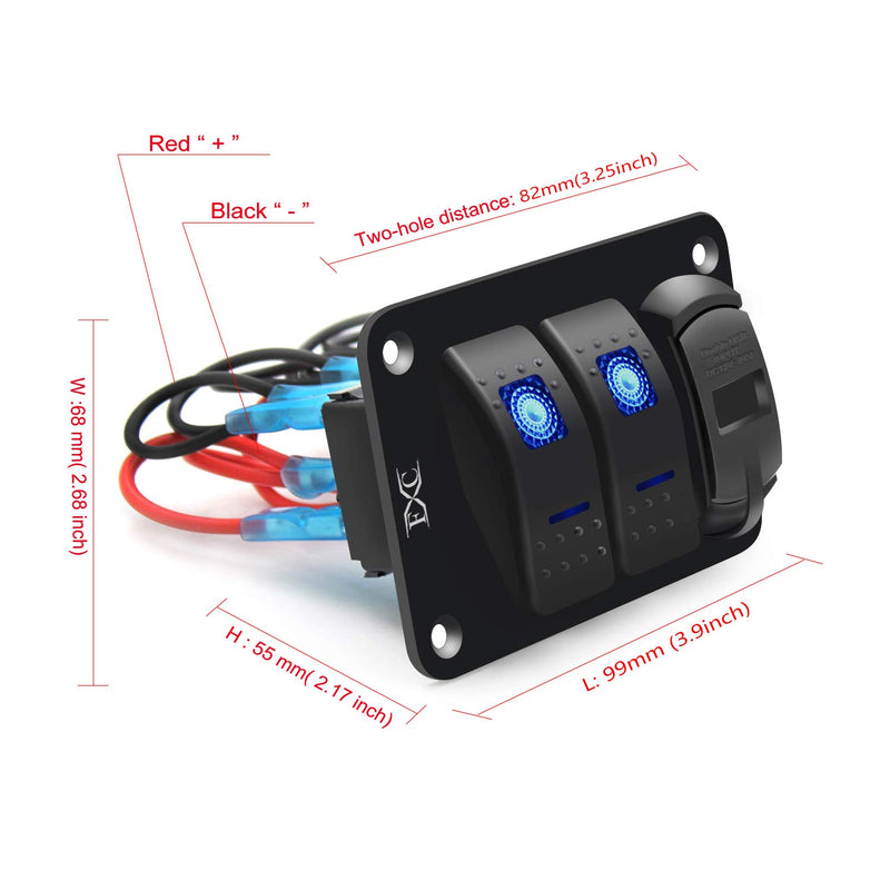 Purishion 2 Gang Rocker Switch Aluminum Panel with Voltmeter & Dual USB(4.8 Amps) Fast Charging, Blue Backlit Led, Pre-Wired IP65 Waterproof for Marine, Boat, Car, Truck, Polaris, Jeep (Blue) 2Gang Blue - BeesActive Australia