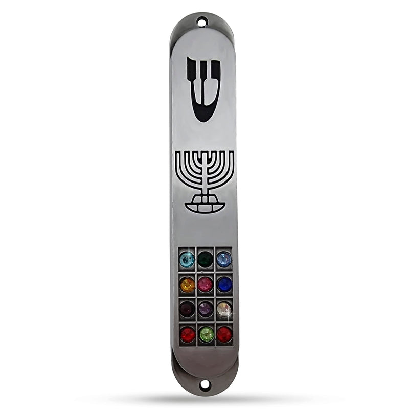 Pewter MEZUZAH Case with Scroll 12 Tribes of Israel Hoshen Design Seven Branch Menorah Judaica Door Mezuza 3.5 Inch - BeesActive Australia