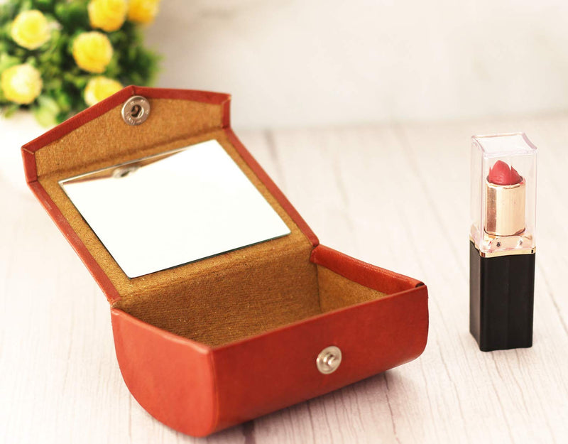 Brown Leather Lipstick Case Holder with Mirror, Can Holds 2 Lipsticks Lipstick Box Organizer, Cosmetic Storage Kit for Purse for Women Girls - BeesActive Australia