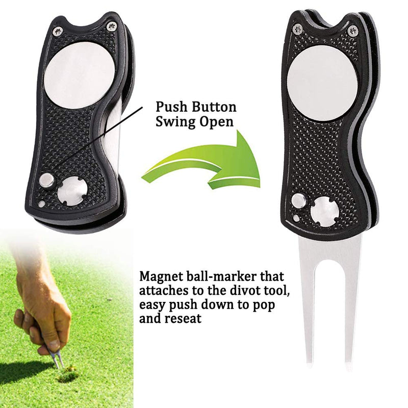 ToVii Golf Towel Microfiber Waffle Pattern Club Groove Cleaner Brush Foldable Divot Tool with Magnetic Golf Gifts Accessories Set Black - BeesActive Australia