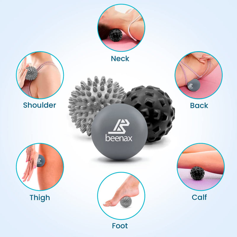 Beenax Massage Ball (Set of 3) - Perfect for Deep Tissue, Muscle Recovery, Trigger Point, Myofascial Release, Plantar Fasciitis and Muscle Relief - Designed to Relieve Stress and Relax Tight Muscles Grey - BeesActive Australia