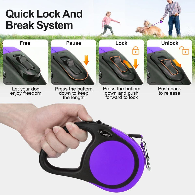 Taglory Retractable Dog Leash, 16ft No Tangle Dog Leash Retractable for Small to Medium to Large Dogs, One-Handed Brake, Pause, Lock Small to Medium(Pack of 1) Purple - BeesActive Australia