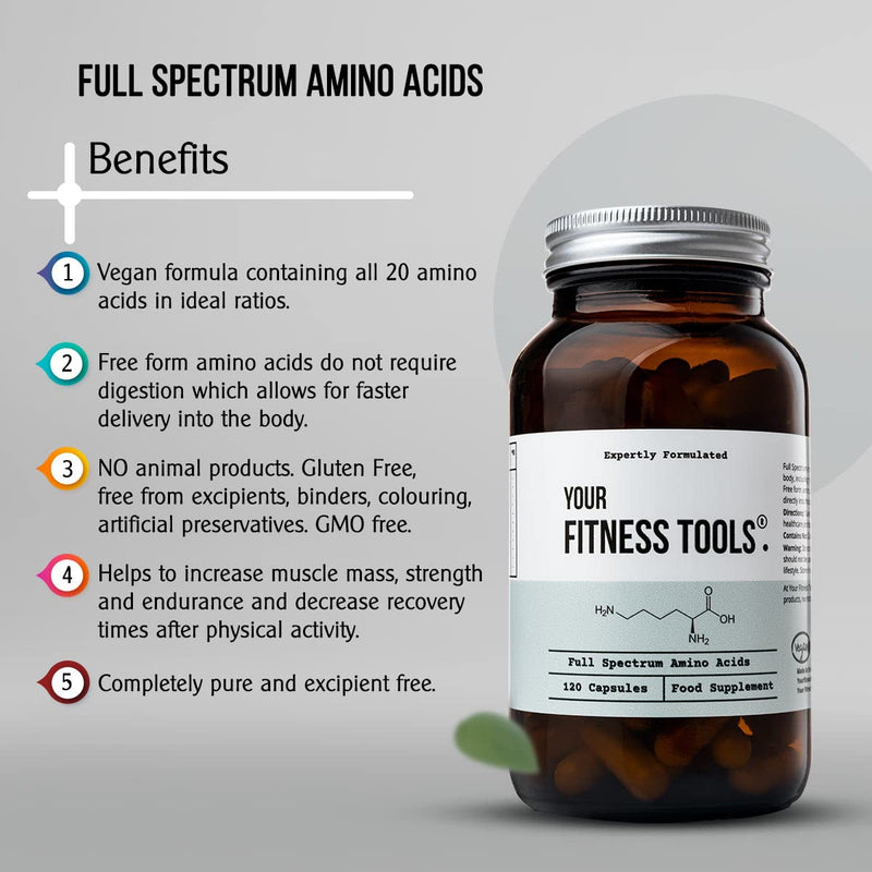 Your Fitness Tools Vegan Full Spectrum Amino Acids | 120 x Free Form Amino Acids Vegan Protein Capsule | BCAA Capsules Supports Muscle Repair, Muscle Building | Made in The UK - BeesActive Australia