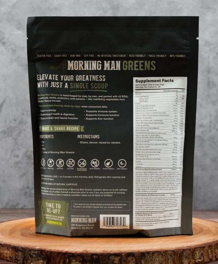 MORNING MAN Greens Powder Probiotic Superfood Mix with 95mg Caffeine, 75+ Vitamins, Green Tea & Coffee Bean Extracts, Digestive Enzymes, Gluten Free, Vegan, Supports Energy, Gut Health, 30 Servings - BeesActive Australia