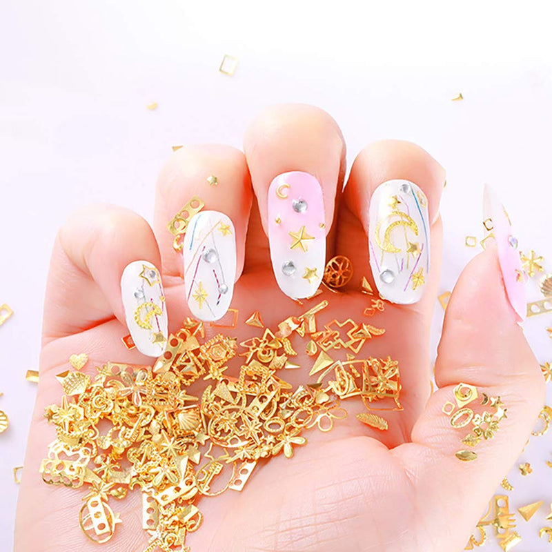 DANNEASY 6 Wheels 3D Gold Nail Studs Metal Nail Charms Nail Art Rivets Manicure Decoration Kit Star Moon Shell Cross Flower With 1Pc Curved Tweezers And Wax Pen Kit 1 - BeesActive Australia