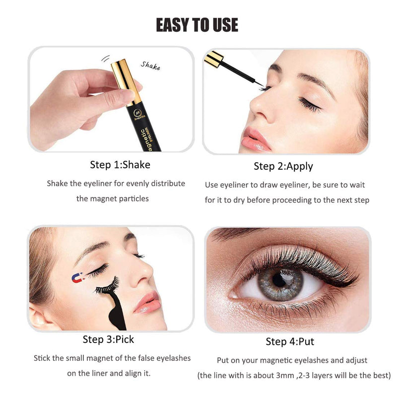 【2pcs】Amamba Magnetic Eyeliner,Waterproof and Smudge Resistant eyelashes liner，No iron powder and Natural Look … Gold bottle (black liner) - BeesActive Australia