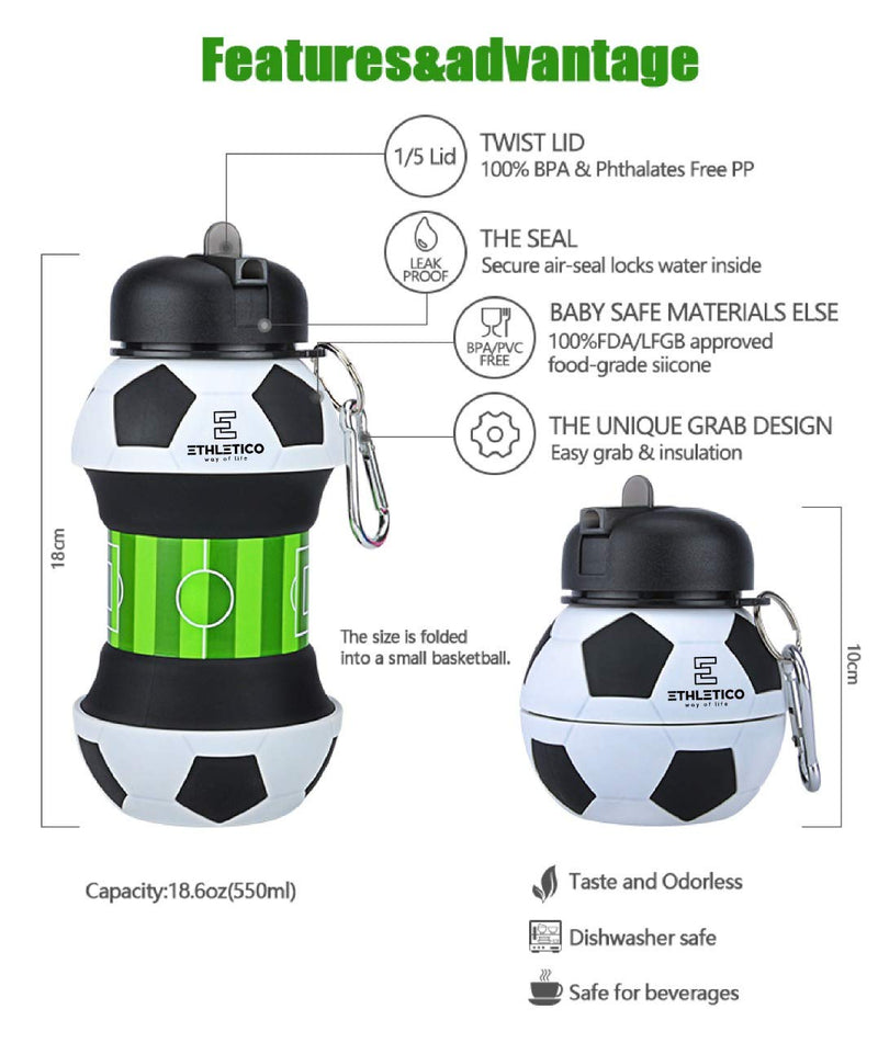 ETHLETICO Collapsible Water Bottles with Carabiner Food Grade Sports Water Bottle for Gift Kids Folding Water Bottle for Hiking, GYM, School, Sports and Travelling 19Oz/550ml BPA Free (Soccer) Soccer Ball - BeesActive Australia