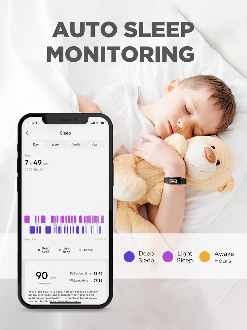 BIGGERFIVE Kids Fitness Tracker Watch for Girls Boys Age 5-12, IP68 Waterproof, Heart Rate Monitor, Activity Tracker, Sleep Monitor, Pedometer, Calorie Counter, Silent Alarm Clock, Family Account Black - BeesActive Australia