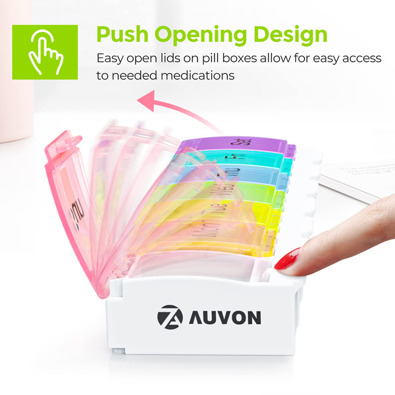 AUVON Weekly Pill Box Organiser, BPA Free Travel Pill Boxes 7 Day 1 Times a Day with Unique Spring Assisted Open Design and Large Tablet Box to Hold Vitamins, Cod Liver Oil, Supplements and Medication A-white - BeesActive Australia