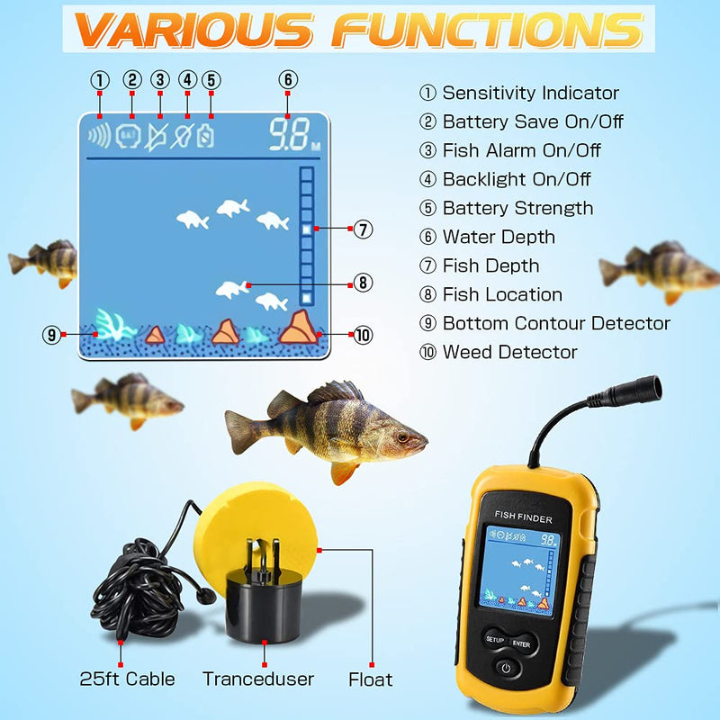 Atibin Handheld Kayak Fish Depth Finder Portable Transducer Fish Finder Sonar Boat Dock Fish Finders Display Water Fishing Yellow - BeesActive Australia