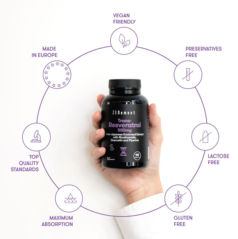 Trans-Resveratrol 500mg, with Nicotinamide, Quercetin and Piperine, 90 Capsules | Anti-Aging, Healthy Aging, Antioxidant | Vegan, Preservatives Free, Allergen Free, Non-GMO | Zenement - BeesActive Australia