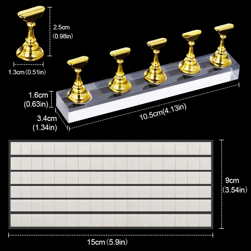 Kalolary 2 Set Acrylic Nail Art Holder Practice Display Stand with 102Pcs White Reusable Adhesive Putty, Magnetic Nail Art Tips Holders Training Fingernail DIY Display Stands(Gold and Silver) - BeesActive Australia