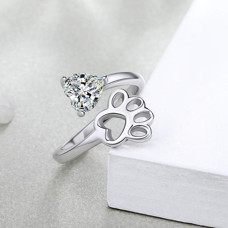 925-Sterling-Silver Paw-Print Love Heart Ring - Open Adjustable Love Dog Cat Claw Pet Loving Rings Pet Animal Jewelry for Friends, Families,dog lover and Pet Lovers gifts.(Heart CZ) - BeesActive Australia