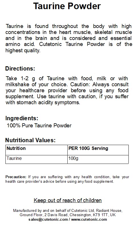 Cutetonic® Taurine powder 100% Pure (500g) 500 g (Pack of 1) - BeesActive Australia